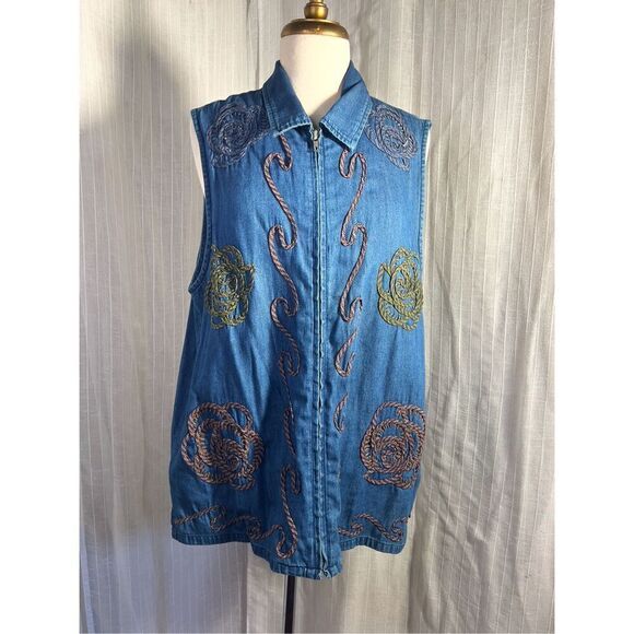 Vintage Bobbie Brooks Embroidered Jean Vest - Size XL - Picture 1 of 5